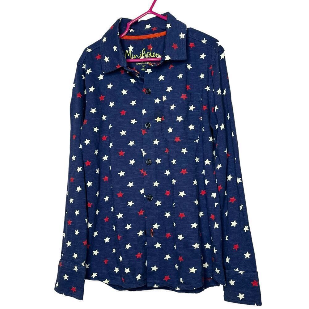 Mini Boden Boys Patriotic 250th July 4th Blue USA Stars Long Sleeve Top Size 7-8